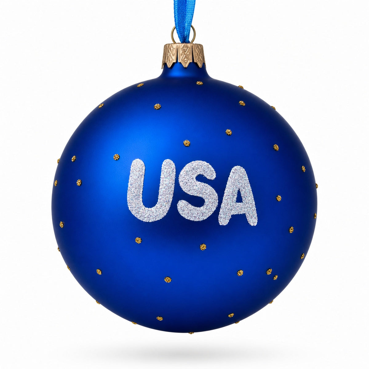 Flag of United States of America on Blue Glass Ball Christmas Ornament 4 Inches
