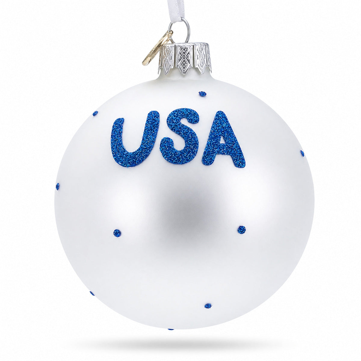 Flag of United States of America on White Glass Ball Christmas Ornament 3.25 Inches