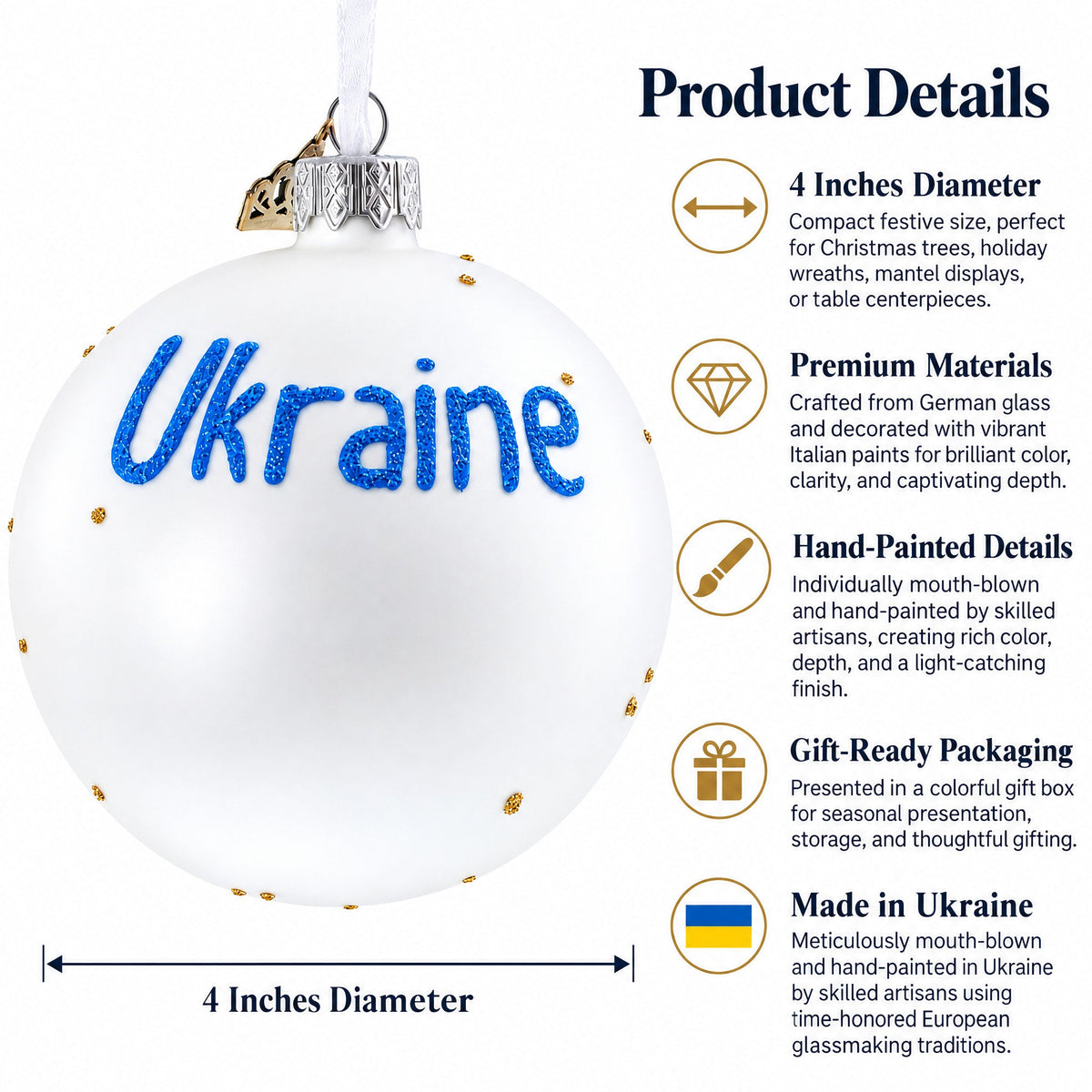 Flag of Ukraine Glass Ball Christmas Ornament 4 Inches