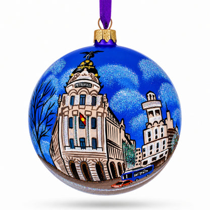 Gran Via, Madrid, Spain Glass Ball Christmas Ornament 4 Inches
