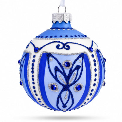 Blue Leaves Glass Ball Christmas Ornament 3.25 Inches
