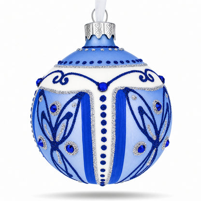 Blue Leaves Glass Ball Christmas Ornament 3.25 Inches