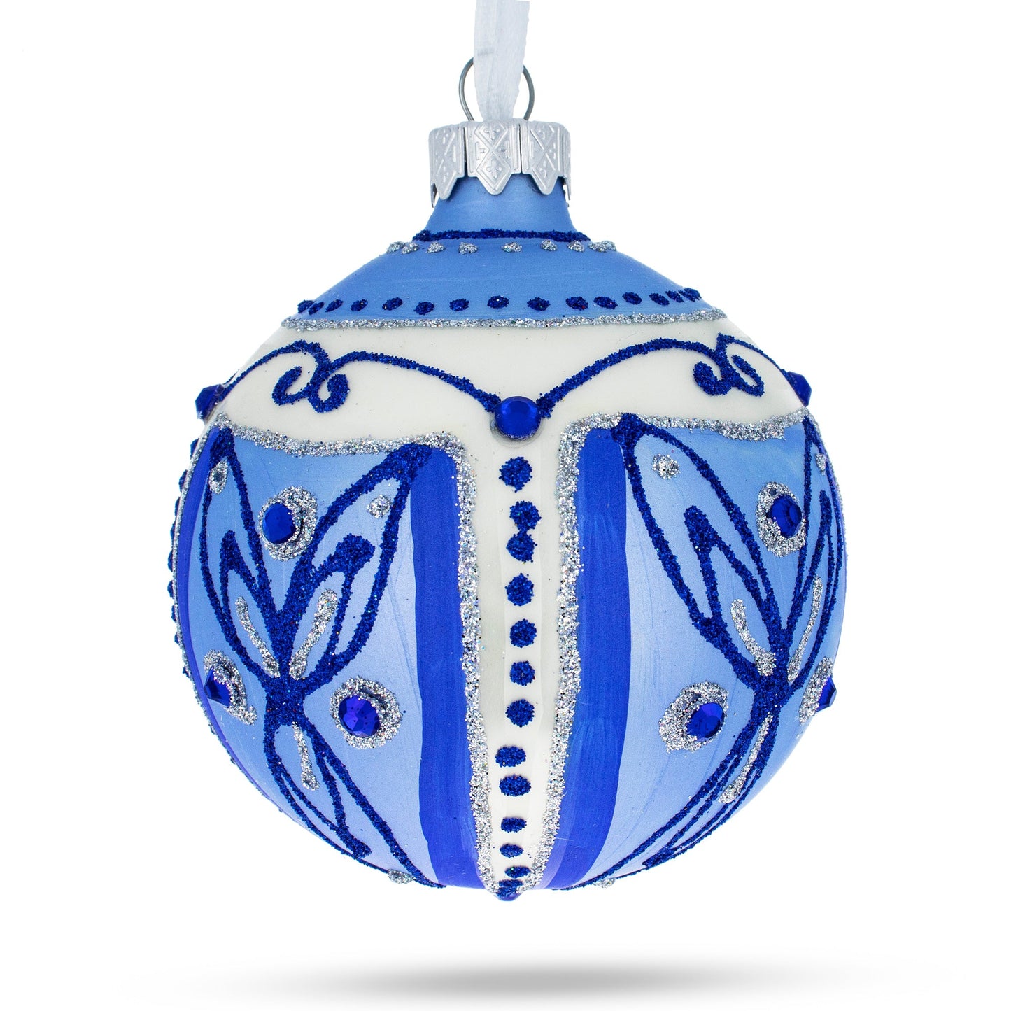 Blue Leaves Glass Ball Christmas Ornament 3.25 Inches