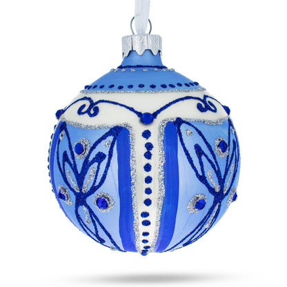 Blue Leaves Glass Ball Christmas Ornament 3.25 Inches