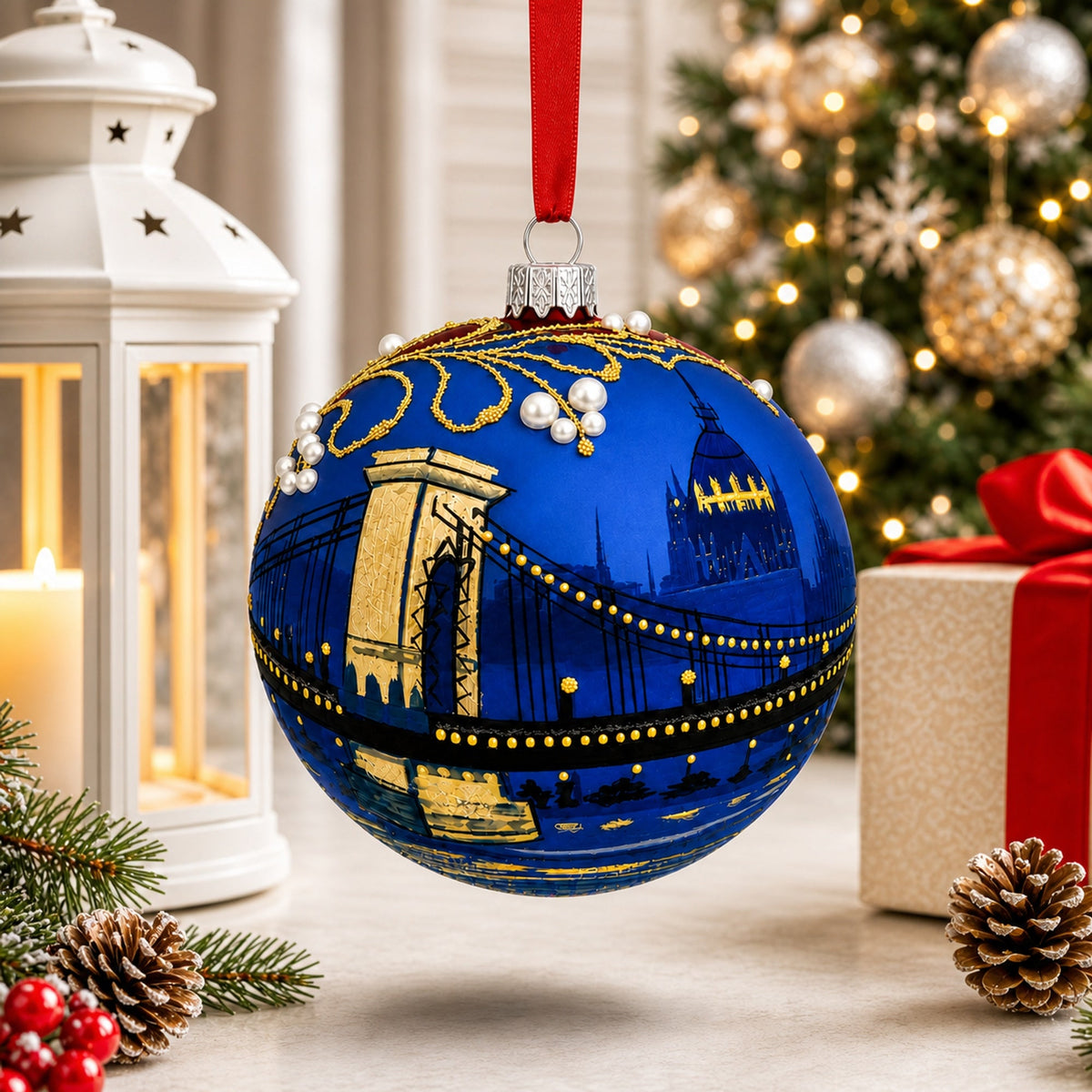 The Szechenyi Chain Bridge, Budapest, Hungary Glass Ball Christmas Ornament 4 Inches