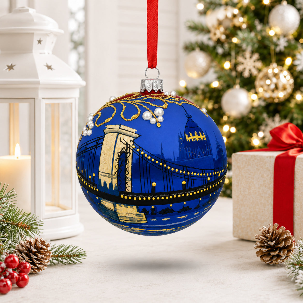 The Szechenyi Chain Bridge, Budapest, Hungary Glass Ball Christmas Ornament 4 Inches