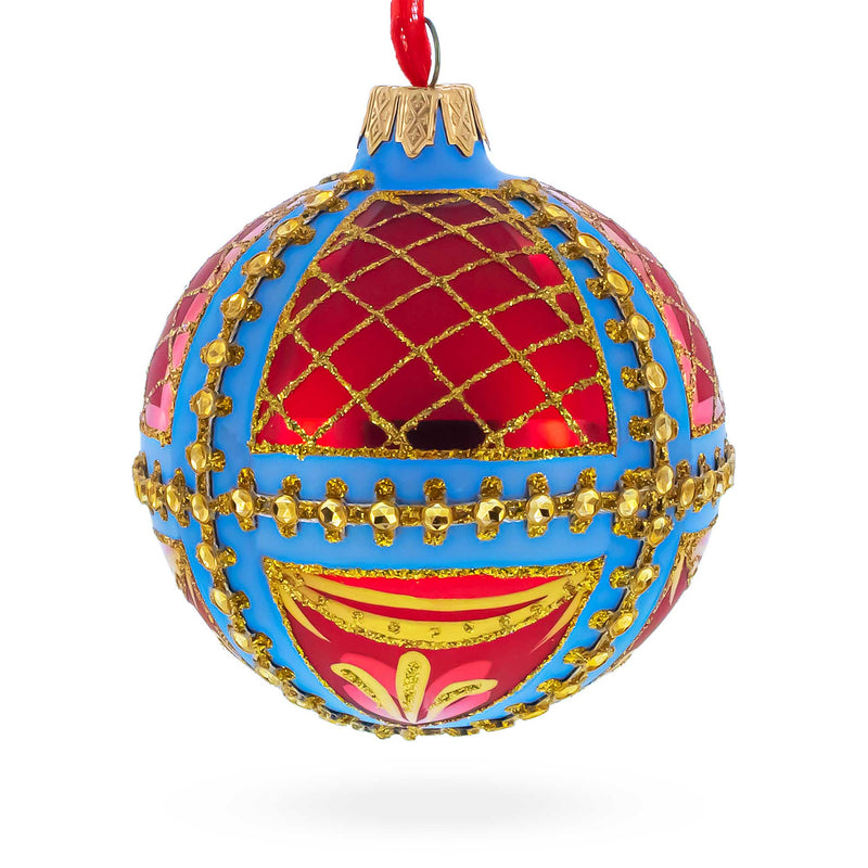 Trellis on Blue and Red Glass Ball Christmas Ornament 3.25 Inches