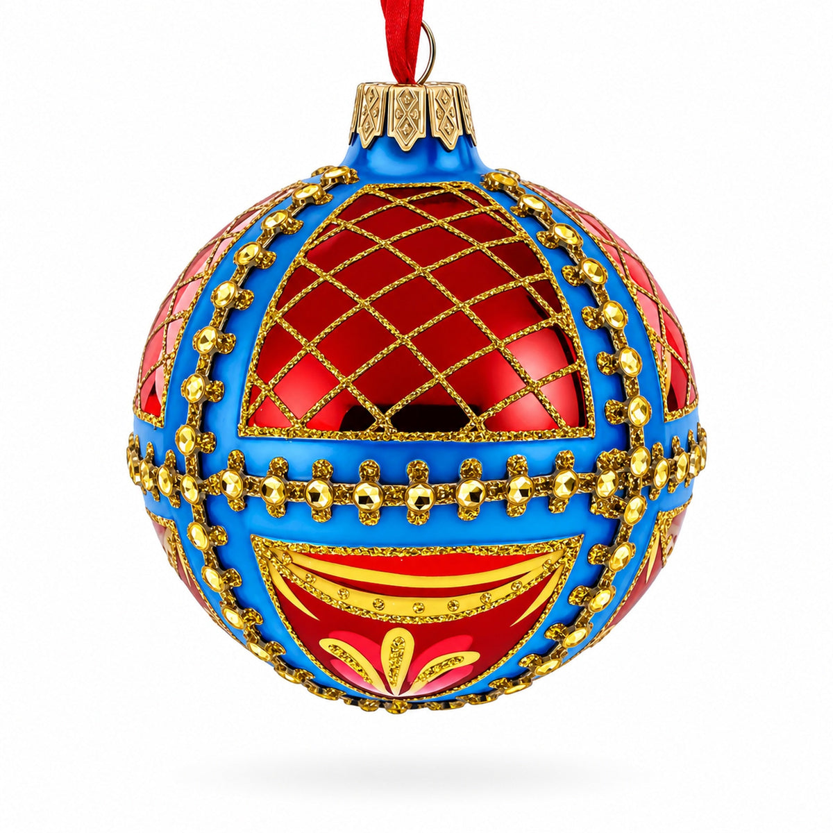 Trellis on Blue and Red Glass Ball Christmas Ornament 3.25 Inches
