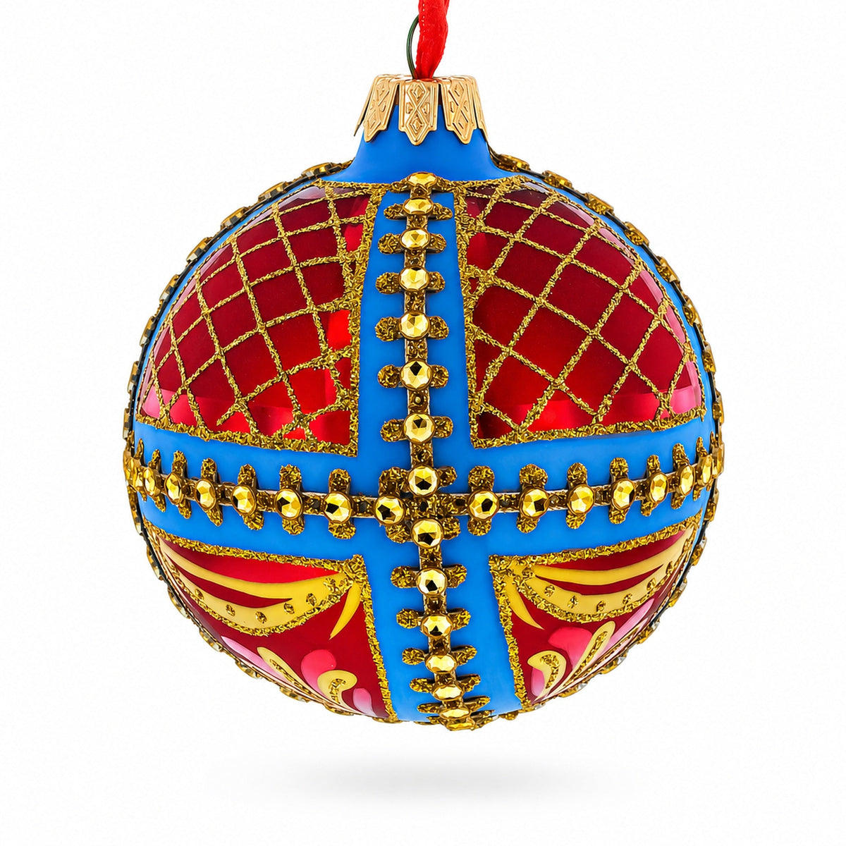 Trellis on Blue and Red Glass Ball Christmas Ornament 3.25 Inches