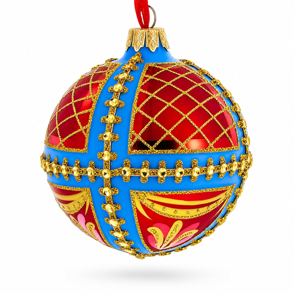 Trellis on Blue and Red Glass Ball Christmas Ornament 3.25 Inches