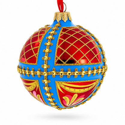 Trellis on Blue and Red Glass Ball Christmas Ornament 3.25 Inches