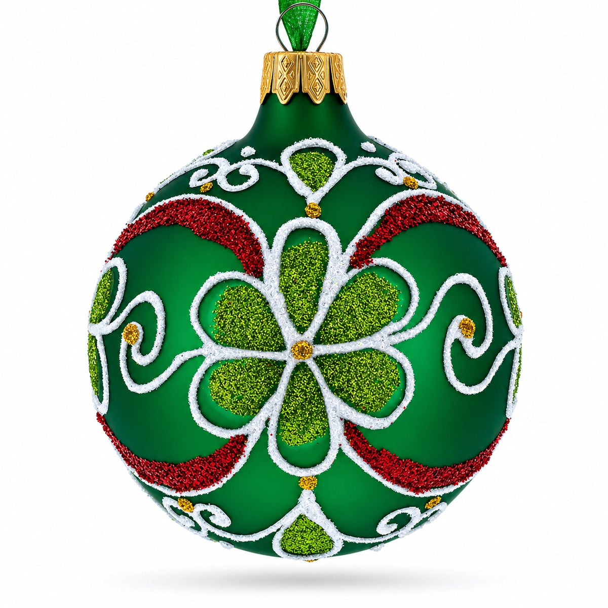 Flowers on Green Glass Ball Christmas Ornament 3.25 Inches