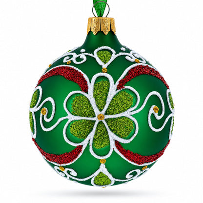 Flowers on Green Glass Ball Christmas Ornament 3.25 Inches