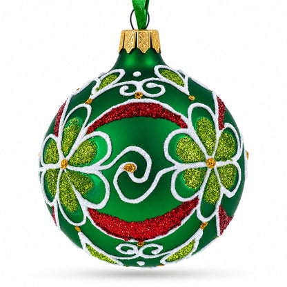 Flowers on Green Glass Ball Christmas Ornament 3.25 Inches