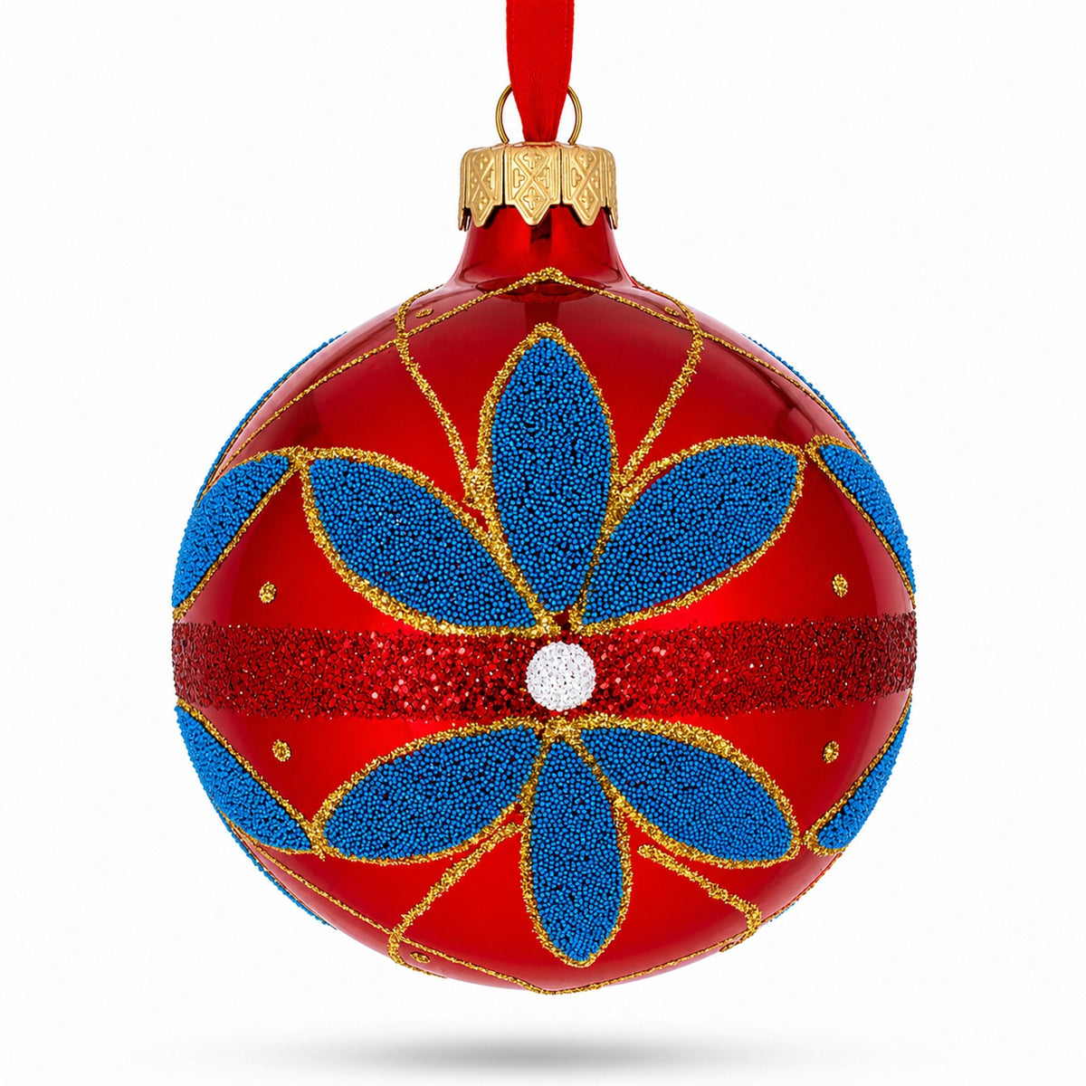 Blue Flowers on Red Glass Ball Christmas Ornament 3.25 Inches