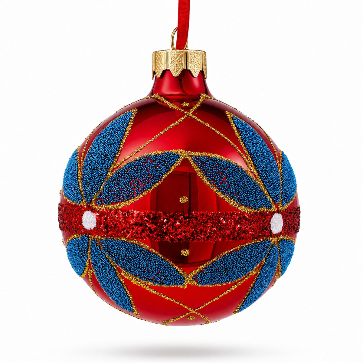 Blue Flowers on Red Glass Ball Christmas Ornament 3.25 Inches