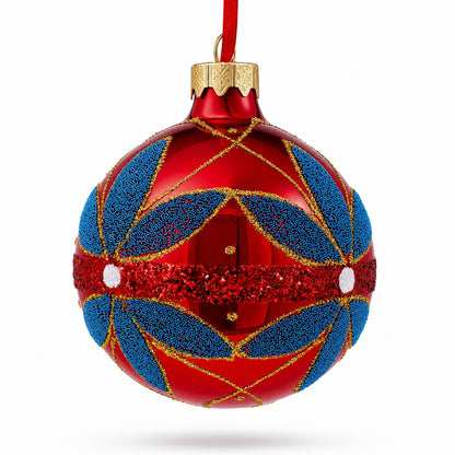 Blue Flowers on Red Glass Ball Christmas Ornament 3.25 Inches