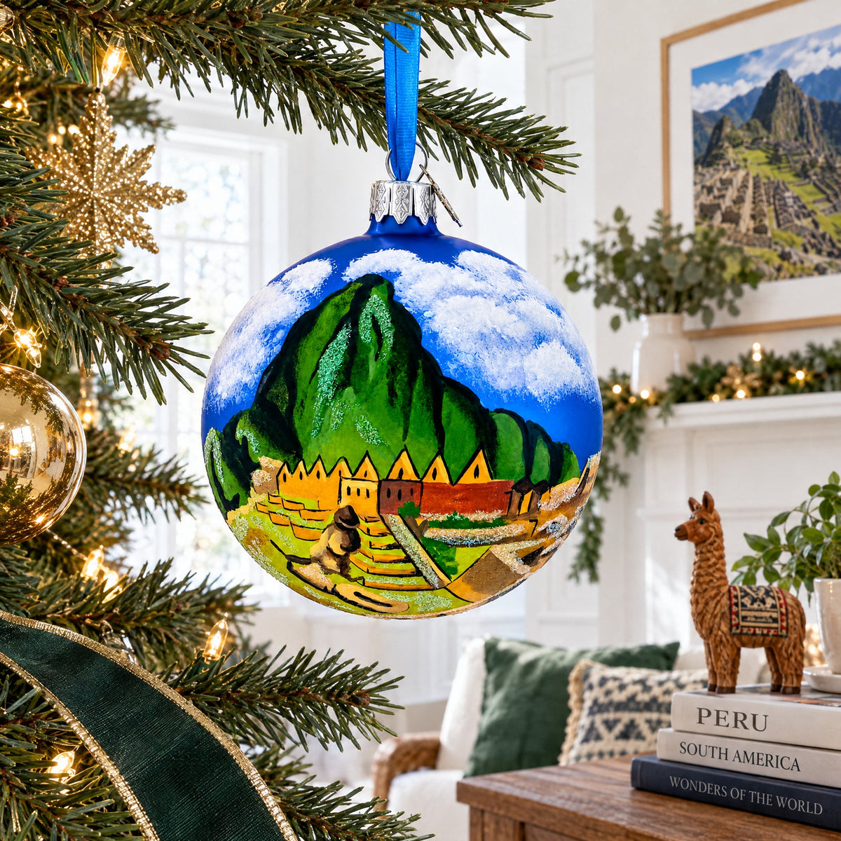 Machu Picchu, Peru Glass Christmas Ball Ornament 4 Inches