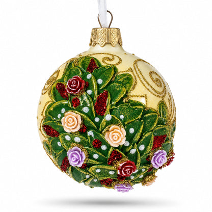 Embossed Roses Bouquet on Pristine White Glass Ball Christmas Ornament 3.25 Inches