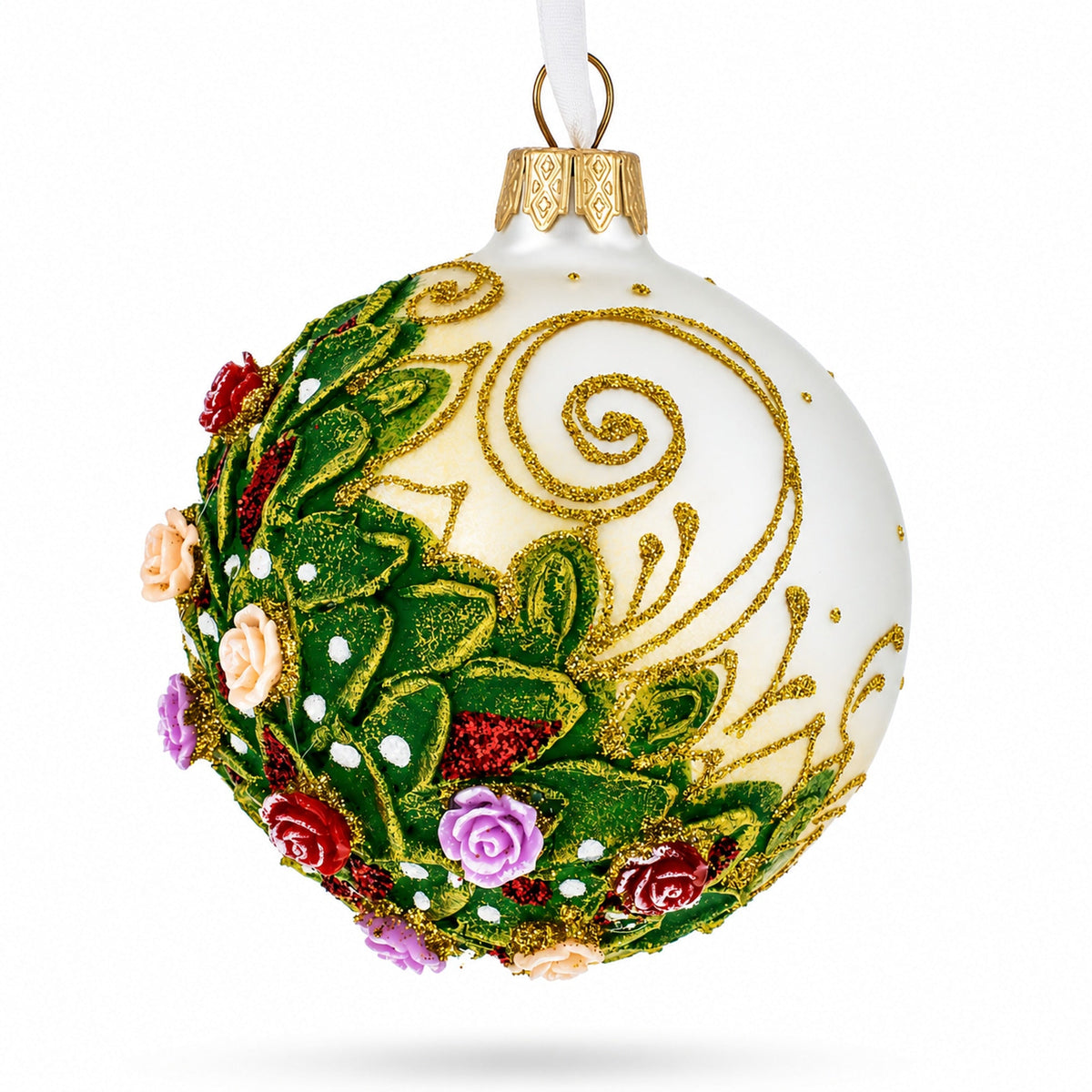 Embossed Roses Bouquet on Pristine White Glass Ball Christmas Ornament 3.25 Inches