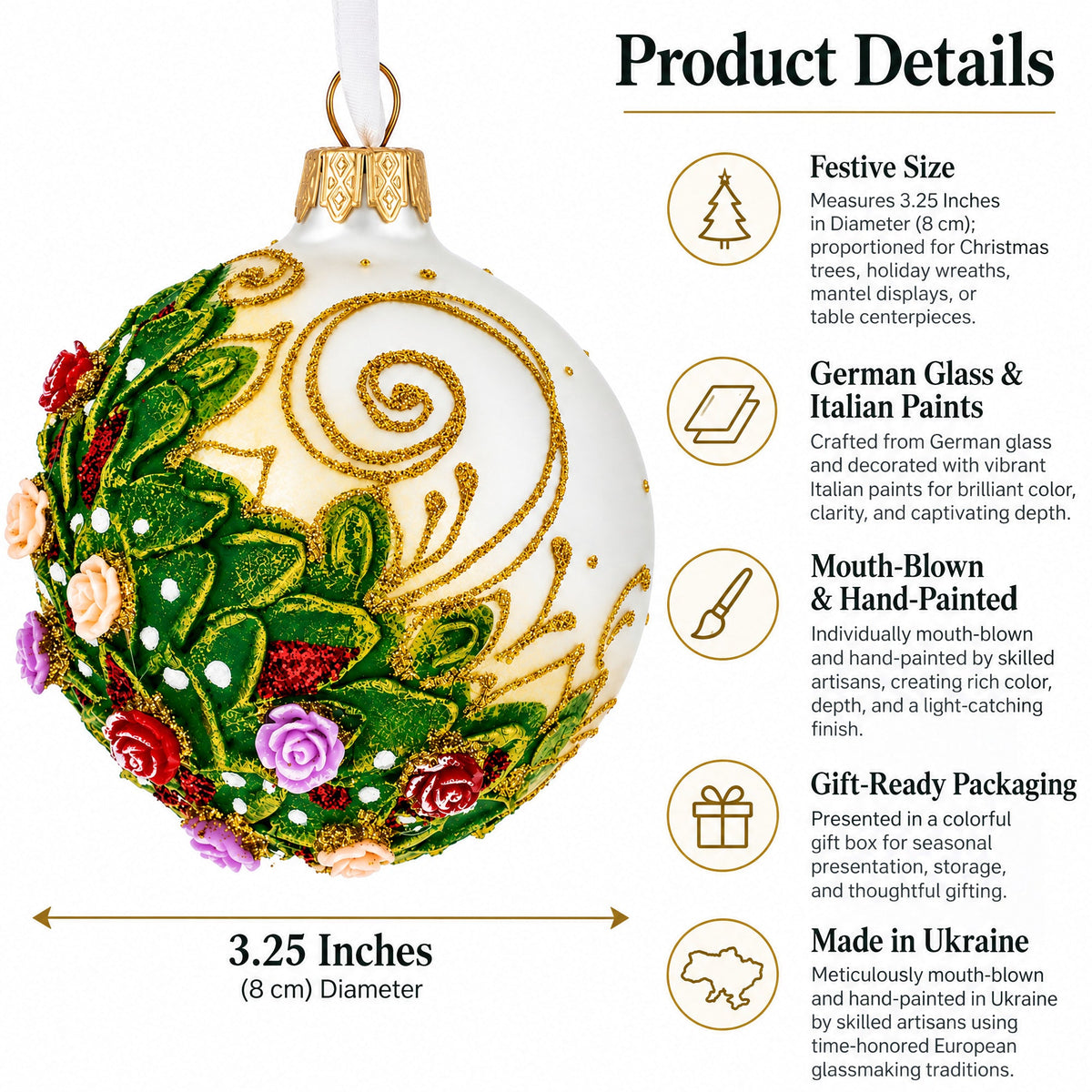 Embossed Roses Bouquet on Pristine White Glass Ball Christmas Ornament 3.25 Inches