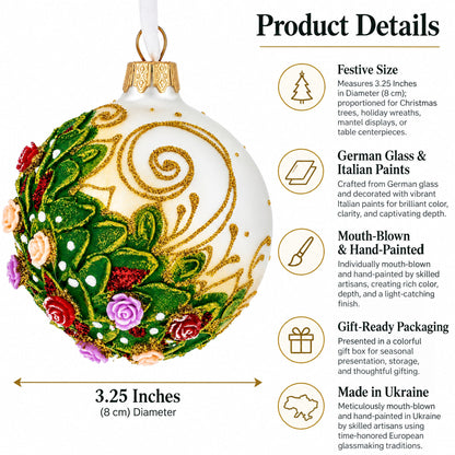 Embossed Roses Bouquet on Pristine White Glass Ball Christmas Ornament 3.25 Inches