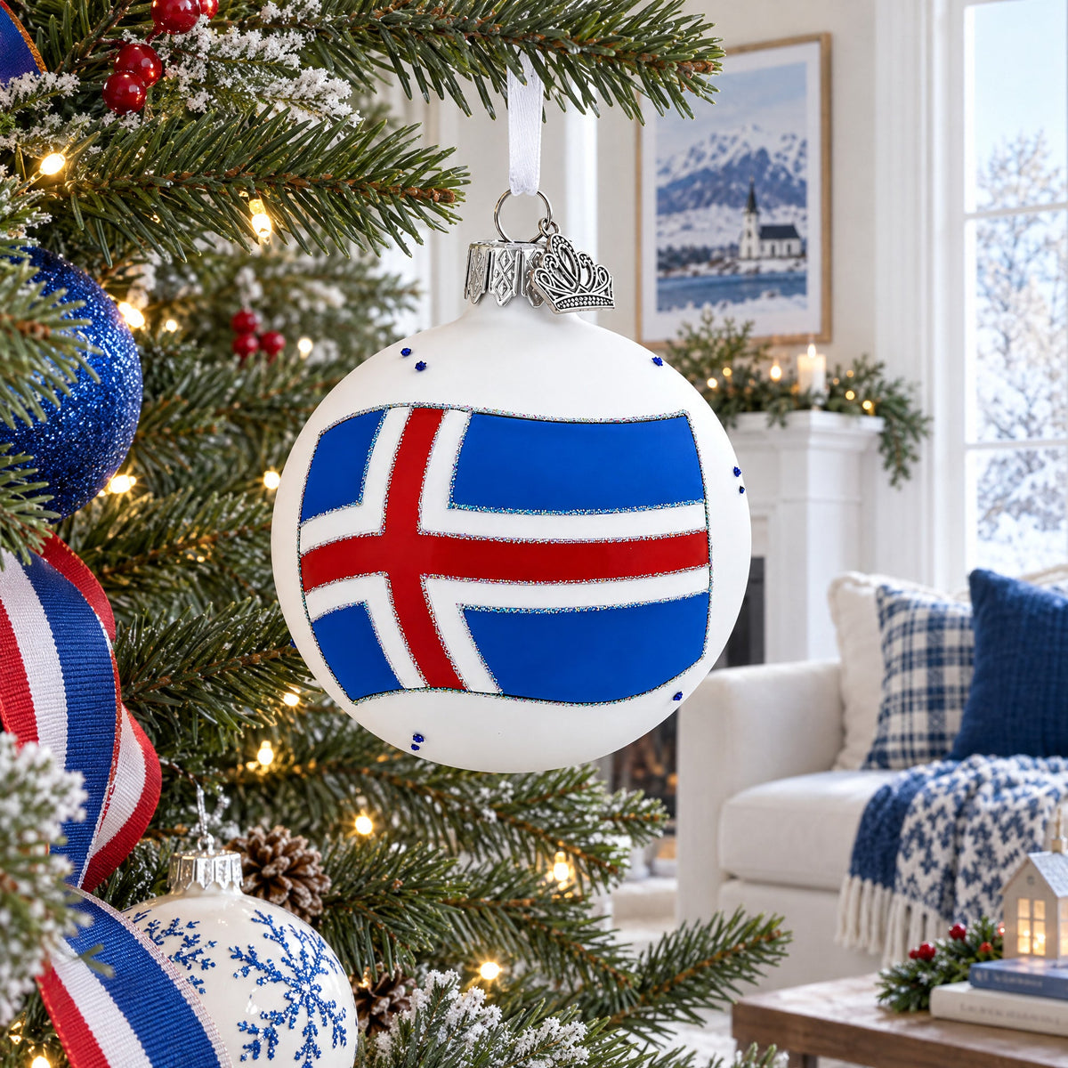 Flag of Iceland Glass Ball Christmas Ornament 3.25 Inches