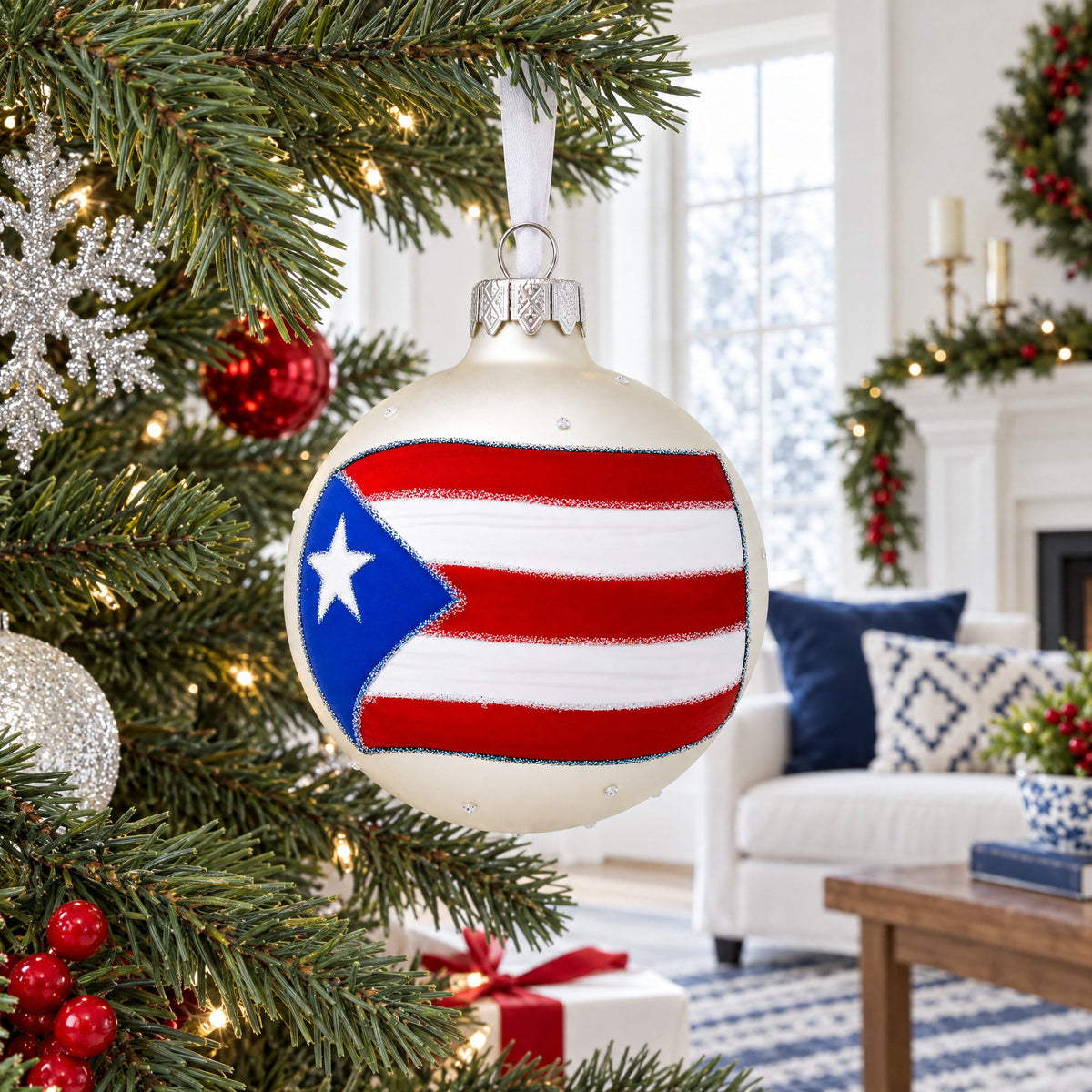 Flag of Puerto Rico Glass Ball Christmas Ornament 3.25 Inches