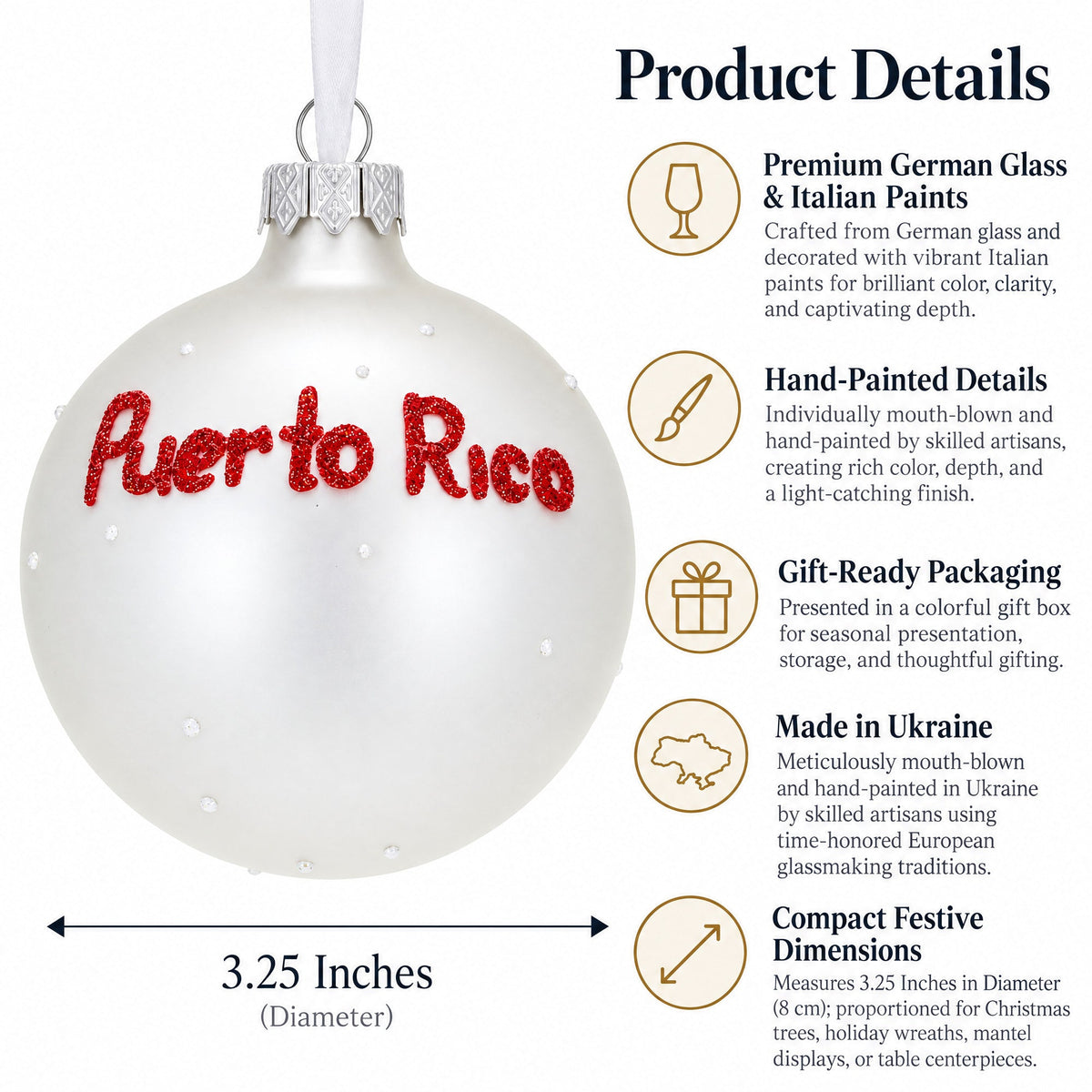 Flag of Puerto Rico Glass Ball Christmas Ornament 3.25 Inches