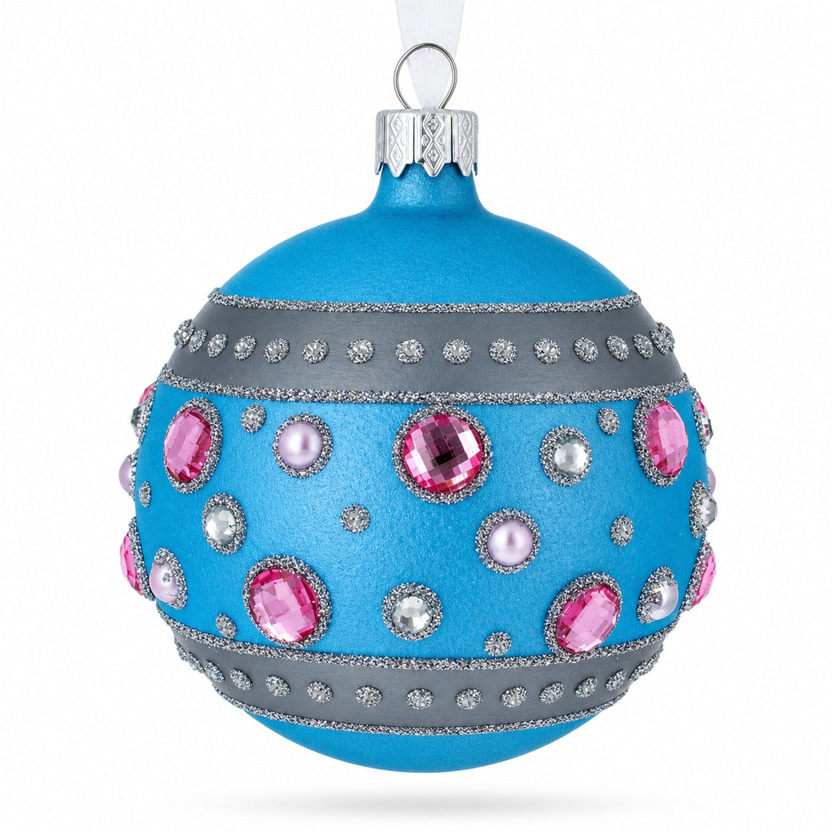 Sapphires and Diamonds Art Nouveau Design Glass Ball Christmas Ornament 3.25 Inches