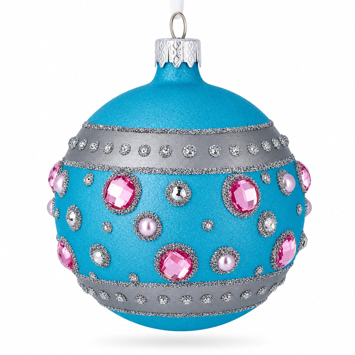 Sapphires and Diamonds Art Nouveau Design Glass Ball Christmas Ornament 3.25 Inches