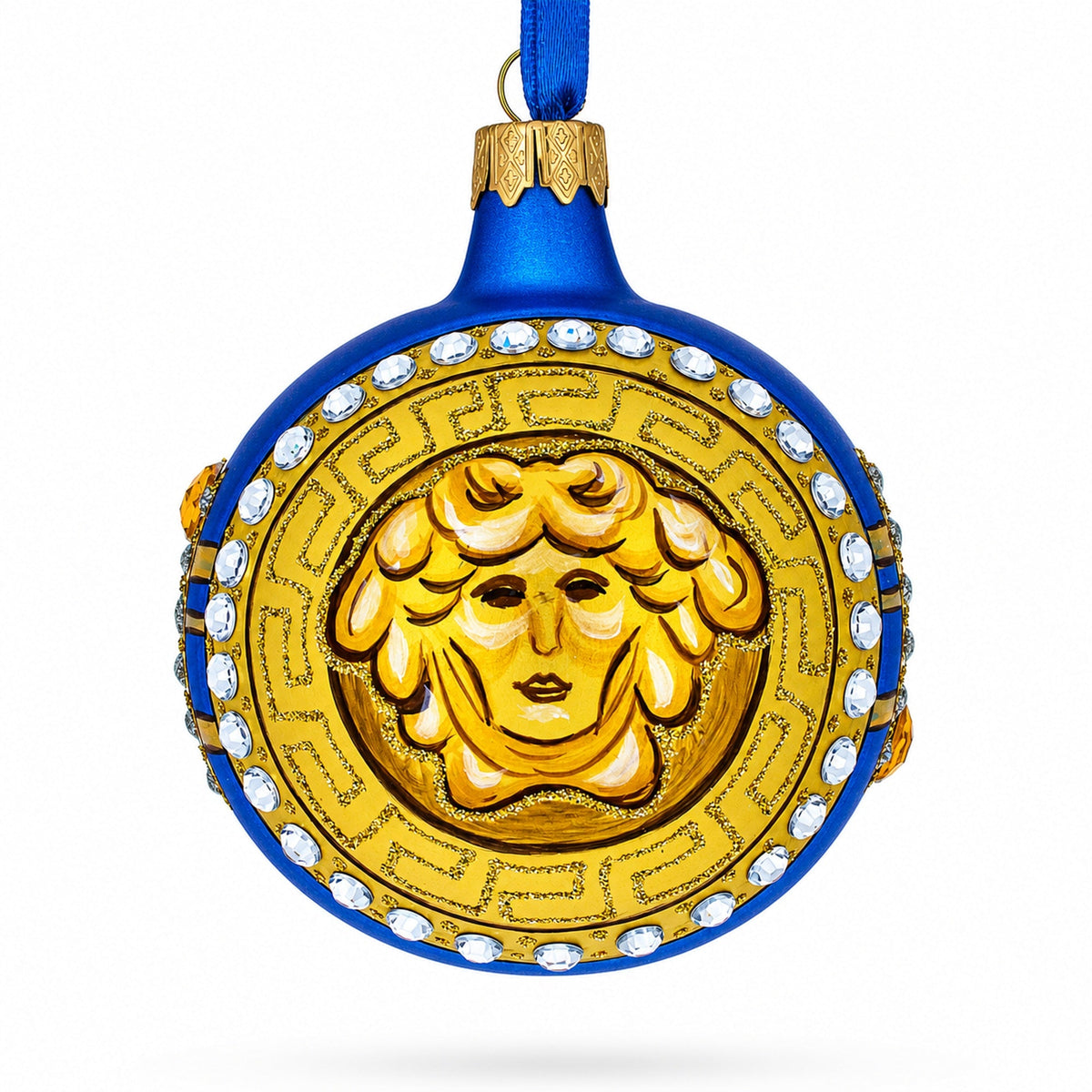 Italian Designer Medusa Medallion Glass Ball Christmas Ornament 3.25 Inches