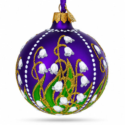 Lilies of the Valley on Purple Royal Glass Ball Christmas Ornament 3.25 Inches