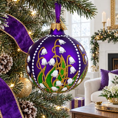 Lilies of the Valley on Purple Royal Glass Ball Christmas Ornament 3.25 Inches