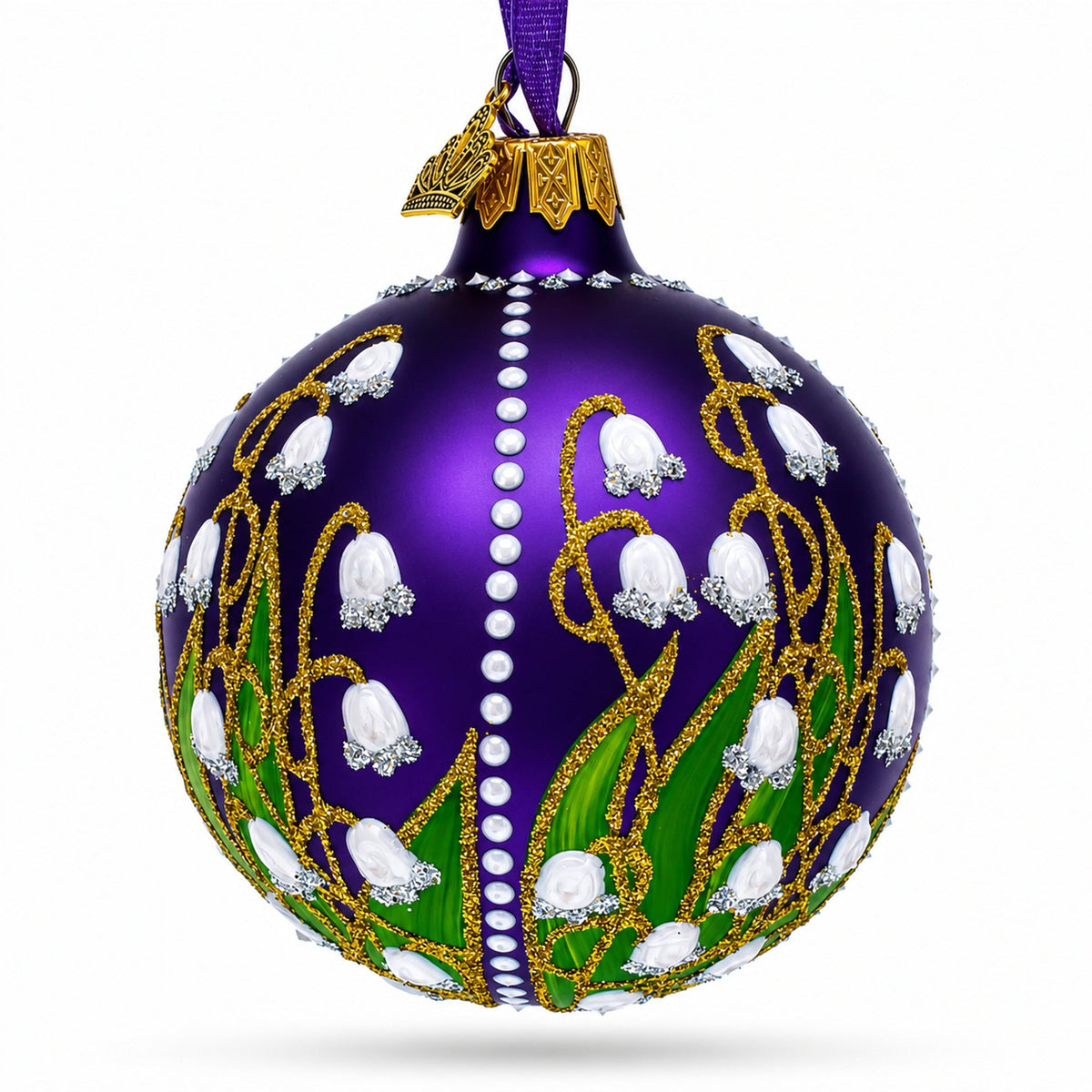 Lilies of the Valley on Purple Royal Glass Ball Christmas Ornament 3.25 Inches