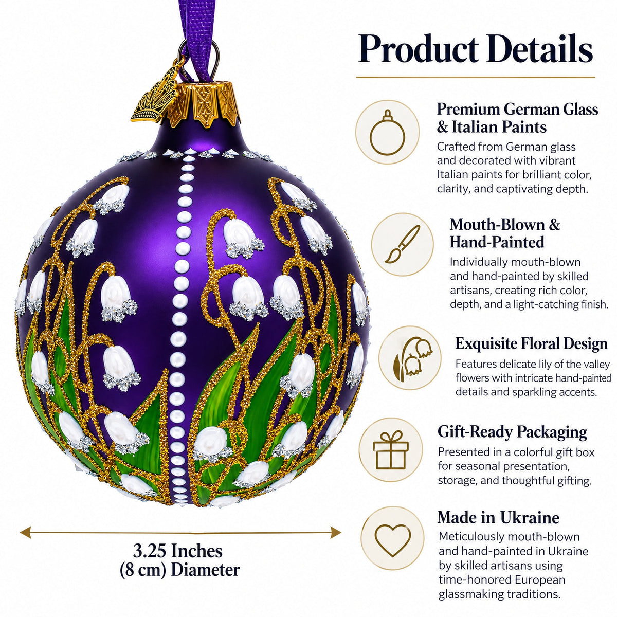 Lilies of the Valley on Purple Royal Glass Ball Christmas Ornament 3.25 Inches