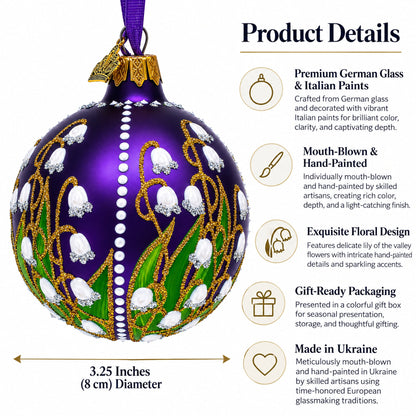 Lilies of the Valley on Purple Royal Glass Ball Christmas Ornament 3.25 Inches