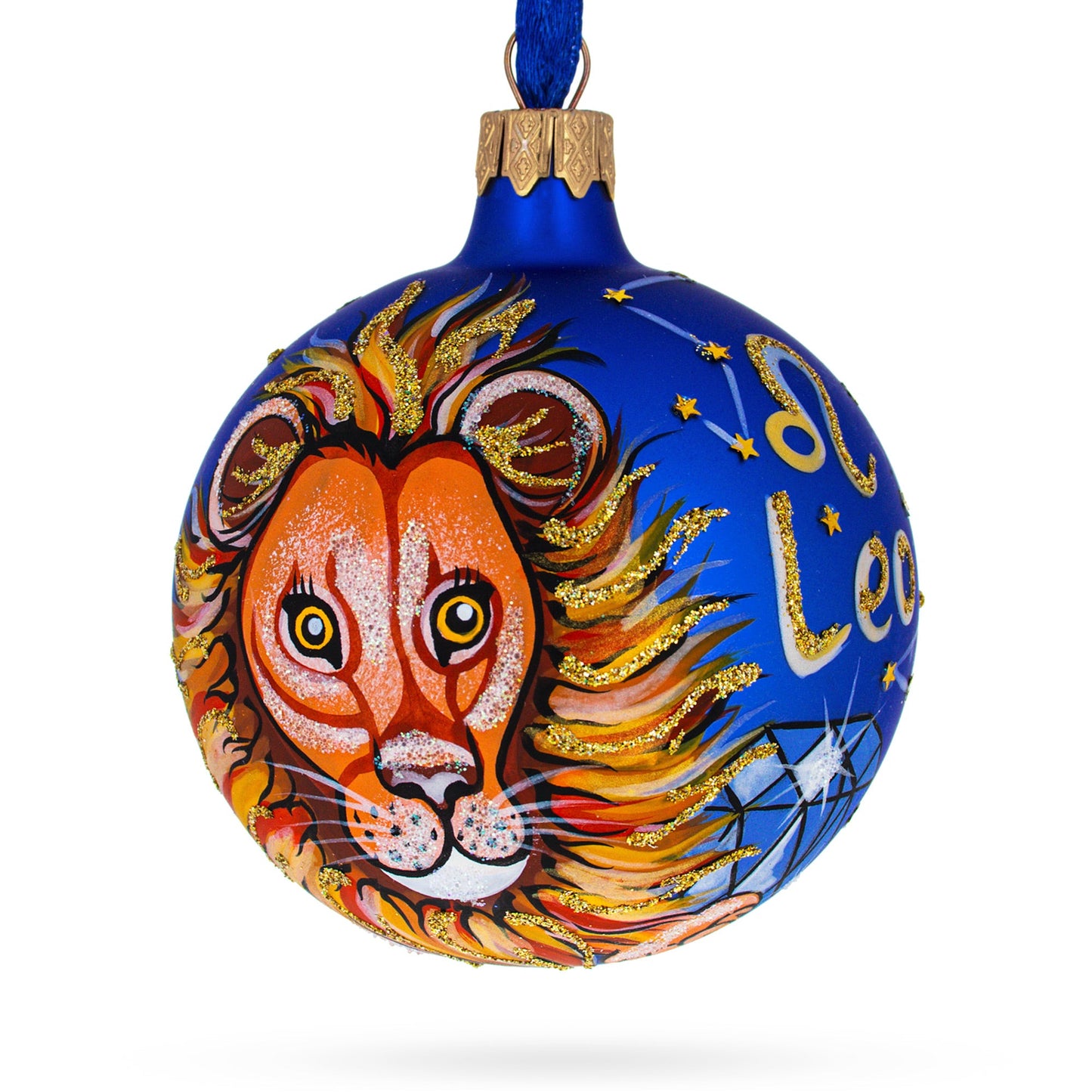 Leo Zodiac Horoscope Sign Blue Glass Ball Christmas Ornament 3.25 Inches