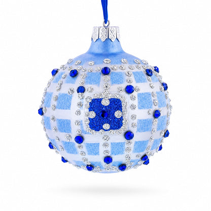 Blue Jewels and Check Pattern Necklace Design Glass Ball Christmas Ornament 3.25 Inches