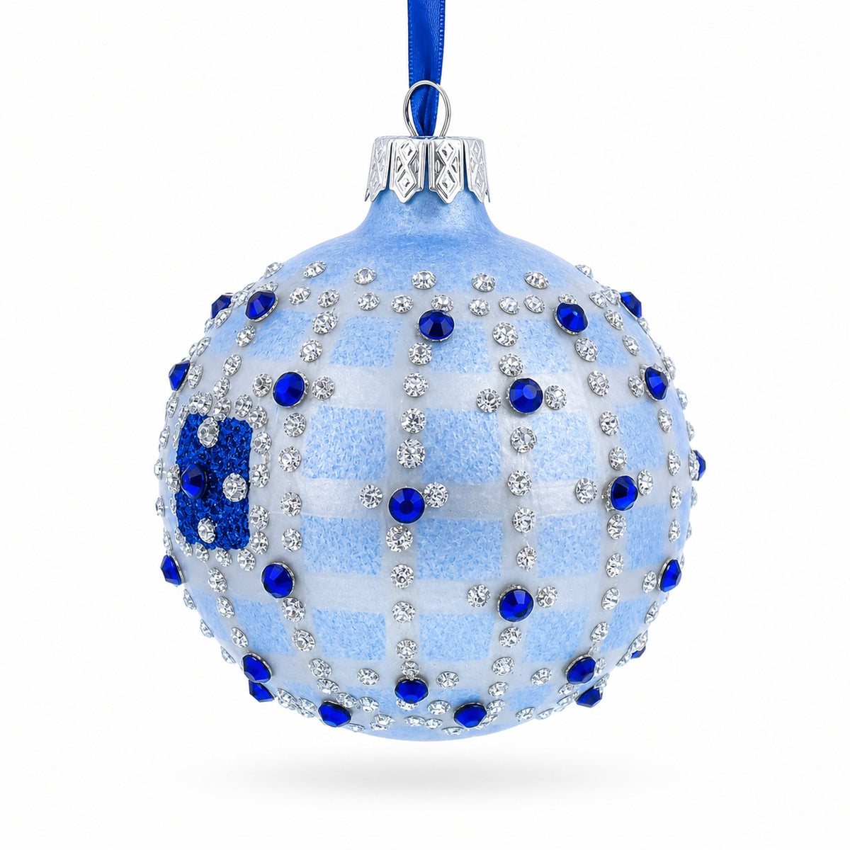 Blue Jewels and Check Pattern Necklace Design Glass Ball Christmas Ornament 3.25 Inches