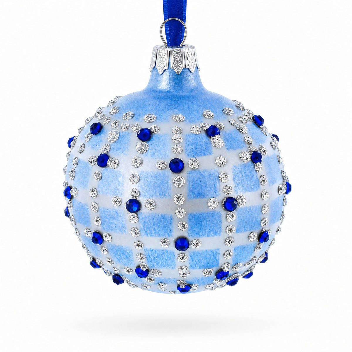 Blue Jewels and Check Pattern Necklace Design Glass Ball Christmas Ornament 3.25 Inches