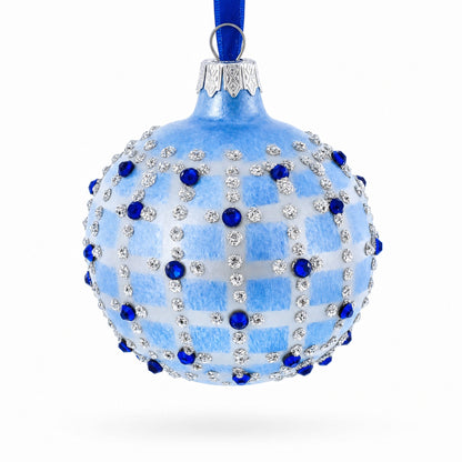 Blue Jewels and Check Pattern Necklace Design Glass Ball Christmas Ornament 3.25 Inches