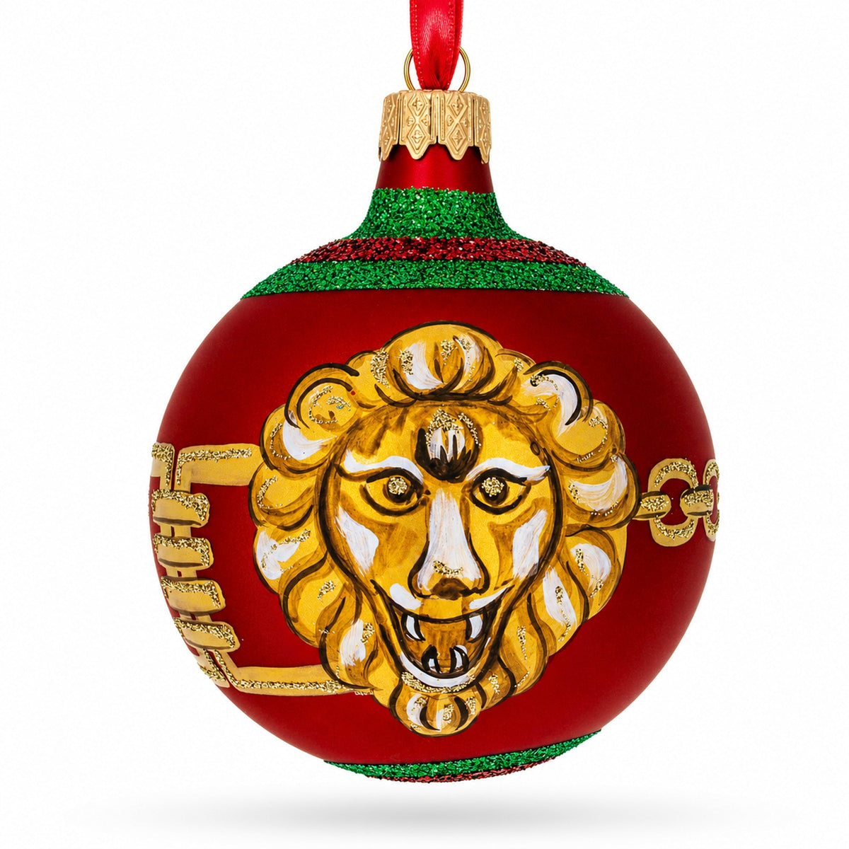 Lion-Head Design Glass Ball Christmas Ornament by Florence Designer 3.25 Inches
