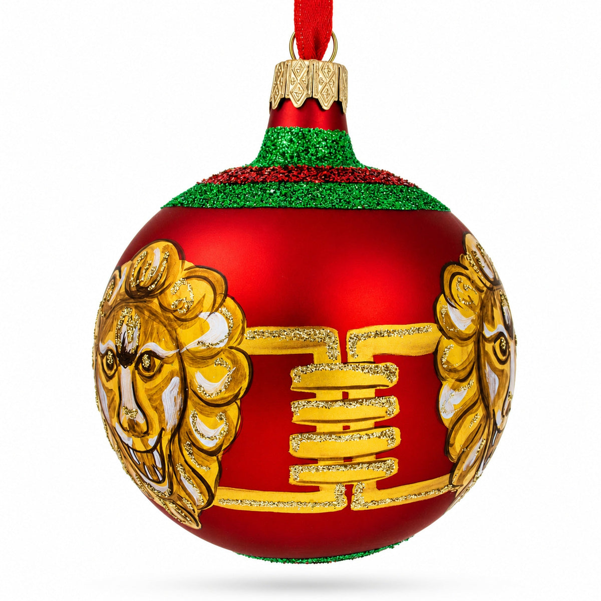 Lion-Head Design Glass Ball Christmas Ornament by Florence Designer 3.25 Inches