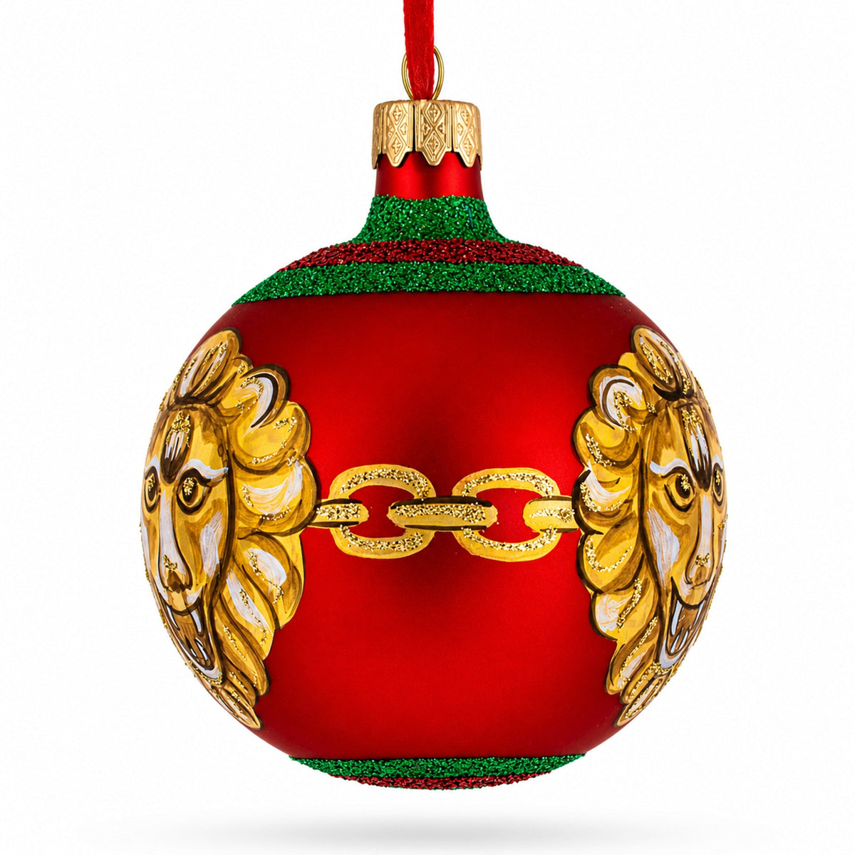 Lion-Head Design Glass Ball Christmas Ornament by Florence Designer 3.25 Inches