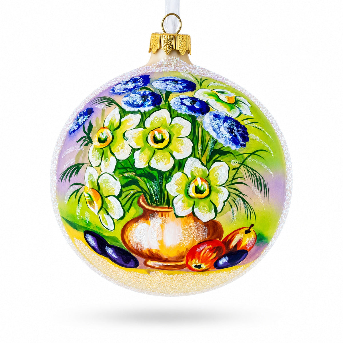 Floral Vase with Apples Masterpiece Glass Ball Christmas Ornament 4 Inches