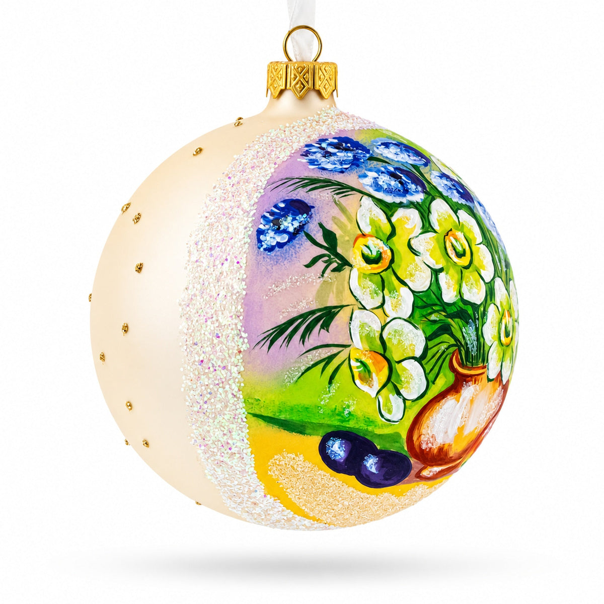 Floral Vase with Apples Masterpiece Glass Ball Christmas Ornament 4 Inches