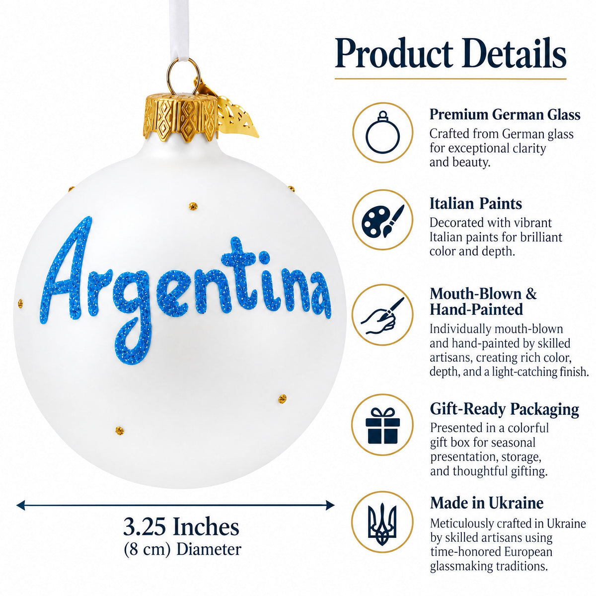 Flag of Argentina Glass Ball Christmas Ornament 3.25 Inches