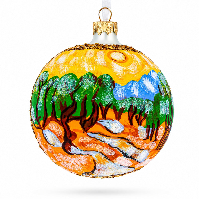 1889 'Olive Trees with Yellow Sky and Sun' by Van Gogh Glass Ball Christmas Ornament 4 Inches
