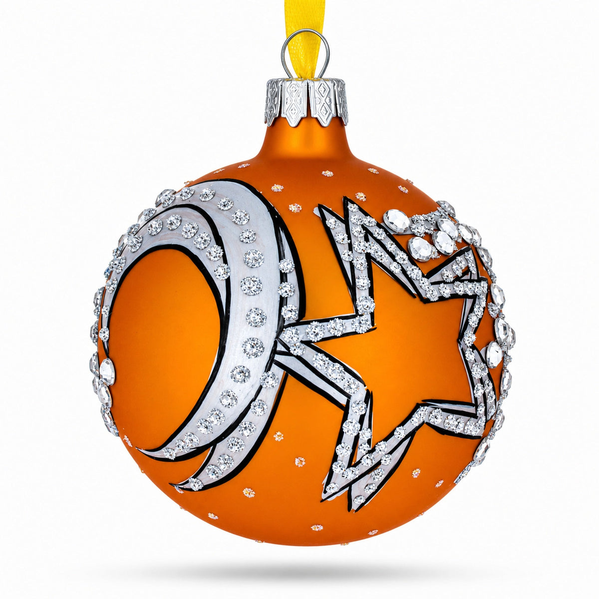 Italian Couturier Stars and Moons Design Glass Ball Christmas Ornament 3.25 Inches